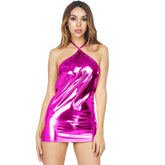 Kaamastra women Metallic Sexy Halter Neck Backless Bodycon Mini Dress-Pink