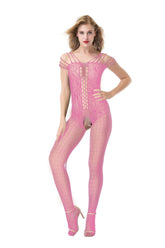 A model wearing light pink fishnet body stockings and a matching thong, with an open groin design and cutaway back.