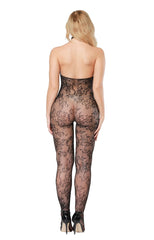 Kaamastra Black Floral Fish Net Halter Neck Full Bodystockings with Thongs
