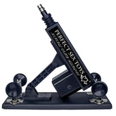 A black sex machine with adjustable features and multiple attachment points, designed for use by both men and women.