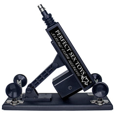 A black sex machine with adjustable features and multiple attachment points, designed for use by both men and women.