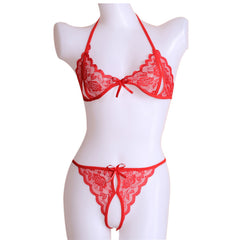Kaamastra Lace Open Bra Crotchless Thong Bikini Set - Red