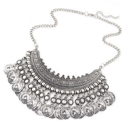 Kaamastra Bohemian Tassle Fancy Silver Coin Necklace