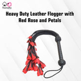 A leather flogger with a handle and multiple braided tails shaped like red roses and petals, with a focus on the product's design and branding.