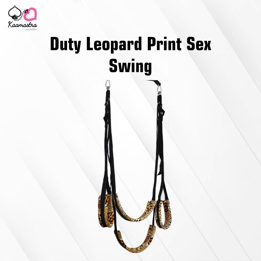 A leopard print sex swing with adjustable straps and soft fur pads, designed for suspended sex positions.