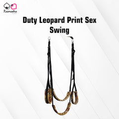 A leopard print sex swing with adjustable straps and soft fur pads, designed for suspended sex positions.