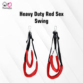 A red sex swing with sturdy black harnesses, designed for a variety of positions. The swing is made of durable nylon and is portable, intended for use by adventurous couples.