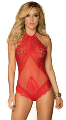 Kaamastra Sheer Mesh Corset Laced Teddy Red