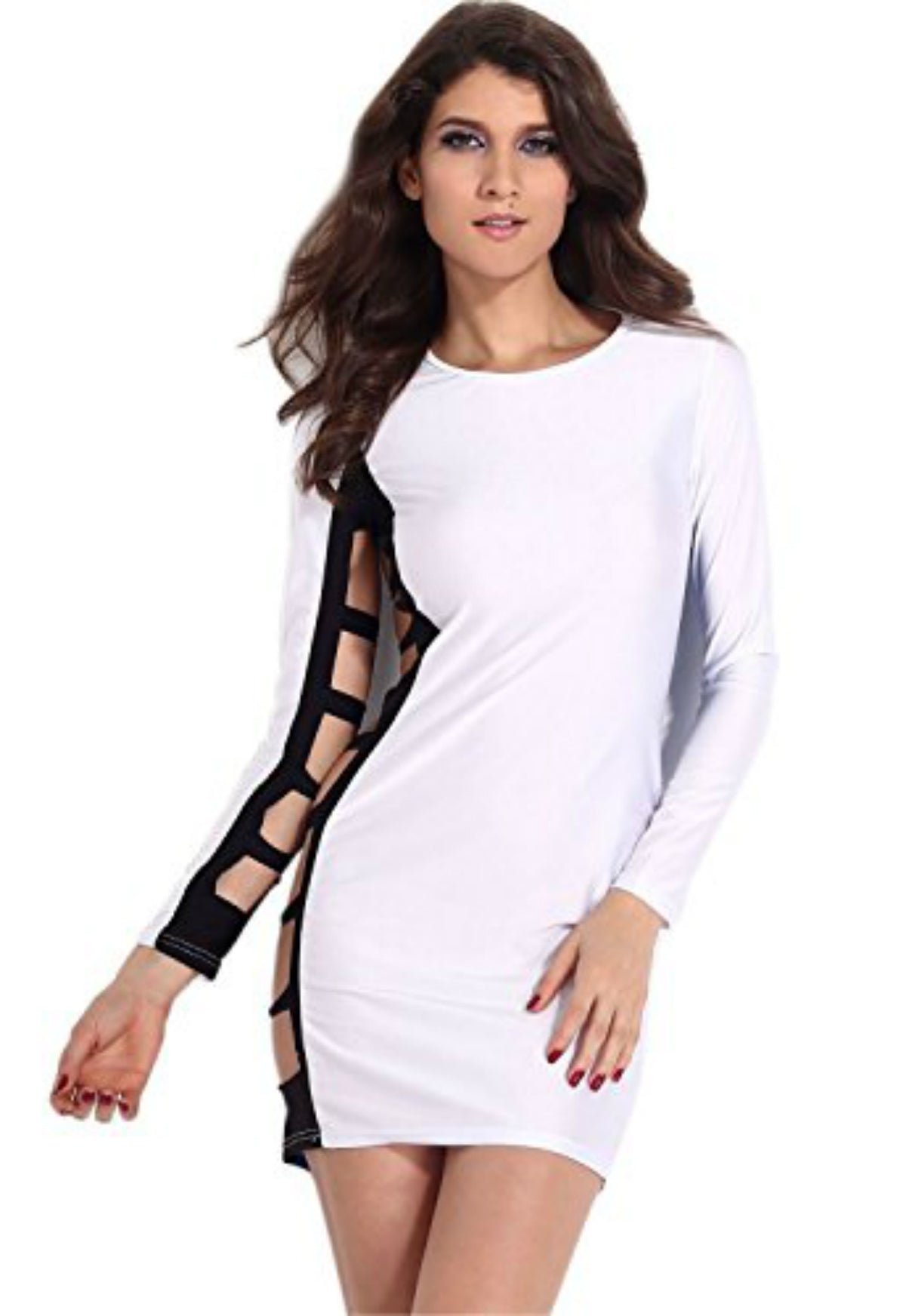 A woman wearing a white dress with black side slits, full sleeves, and a round neckline.