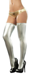 A model wearing a silver latex stocking with a golden bikini top.