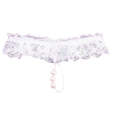 A white lace crotchless G-string with a pearl embellishment and a small hanging flower.