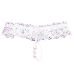 A white lace crotchless G-string with a pearl embellishment and a small hanging flower.