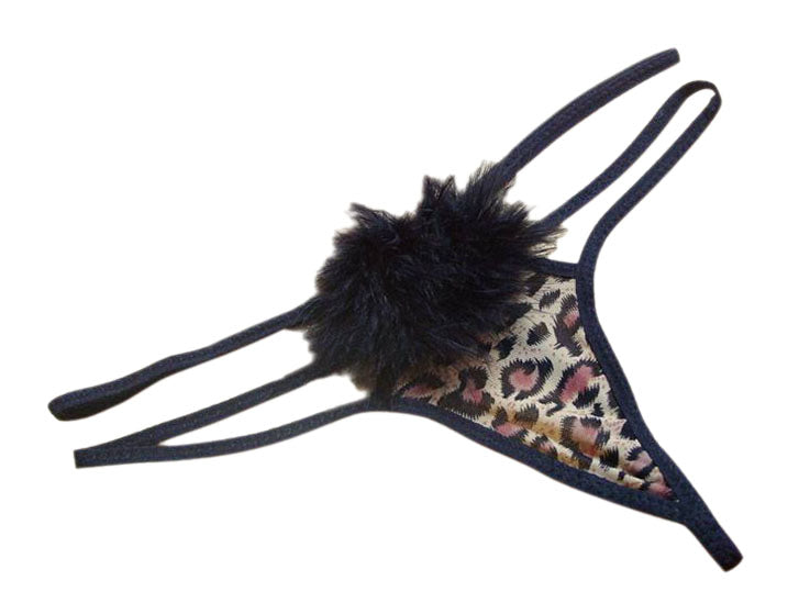 A black leopard fur thong with a solid pattern and a faux leopard print on the front.