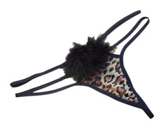 A black leopard fur thong with a solid pattern and a faux leopard print on the front.