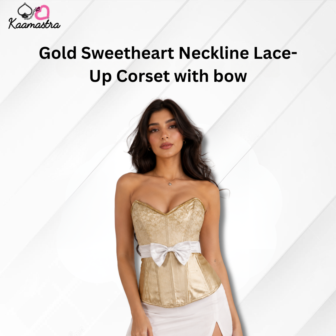 Kaamastra's Gold Sweetheart Neckline Lace-Up Corset with Bow & Chain Detail - XL