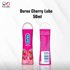 Durex Cherry Lube in a 50ml pink bottle with cherry images and product details displayed on the front and back.