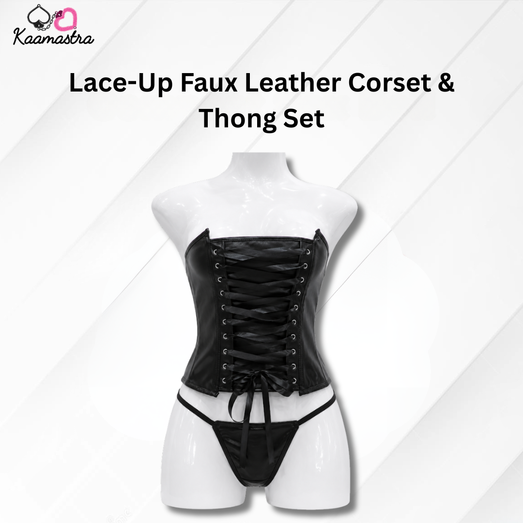 Kaamastra's Black PVC Lace-Up Corset with Matching Thong Set - Size L