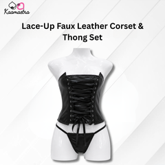Kaamastra's Black PVC Lace-Up Corset with Matching Thong Set - Size L