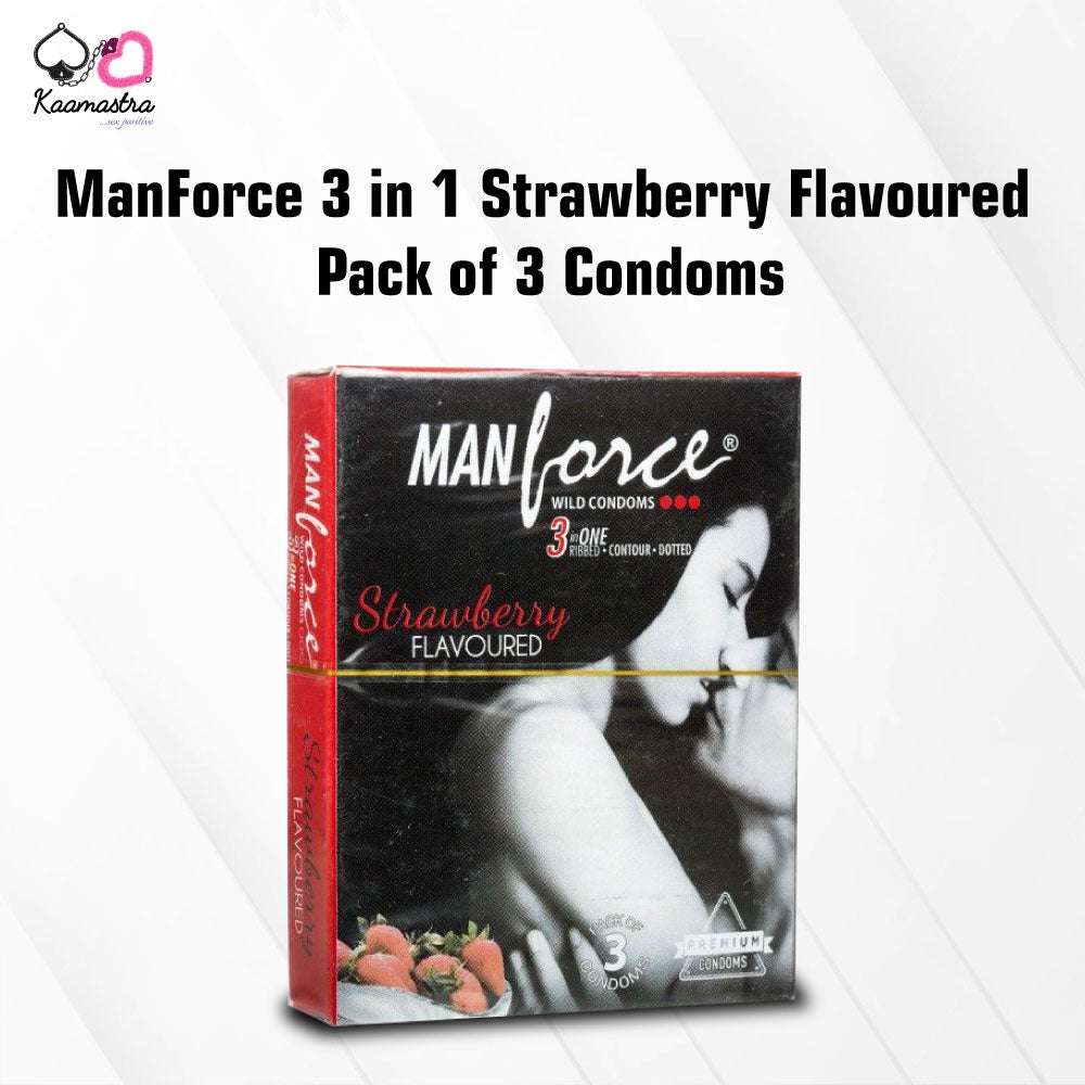 Packaging of ManForce 3 in 1 Strawberry Flavored Condoms, showing a box with images of a couple kissing and strawberries, indicating the flavor and type of condoms.