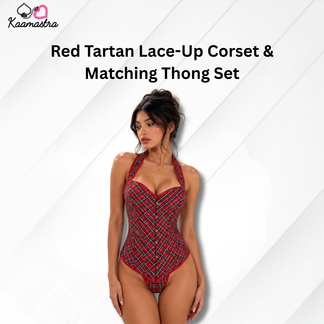 Kaamastra's Red Tartan Lace-Up Corset with Matching Thong Set - Size L