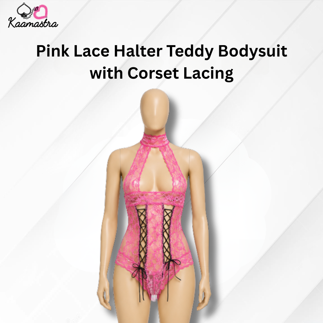 Kaamastra's Pink Lace Halter Teddy Bodysuit with Corset Lacing - Free Size
