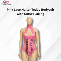 Kaamastra's Pink Lace Halter Teddy Bodysuit with Corset Lacing - Free Size