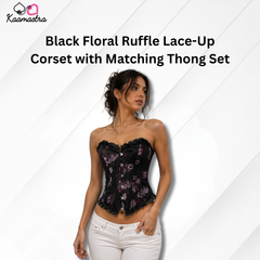 Kaamastra's Black Floral Ruffle Lace-Up Corset with Matching Thong Set - Size S