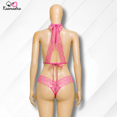 Kaamastra's Pink Lace Halter Teddy Bodysuit with Corset Lacing - Free Size