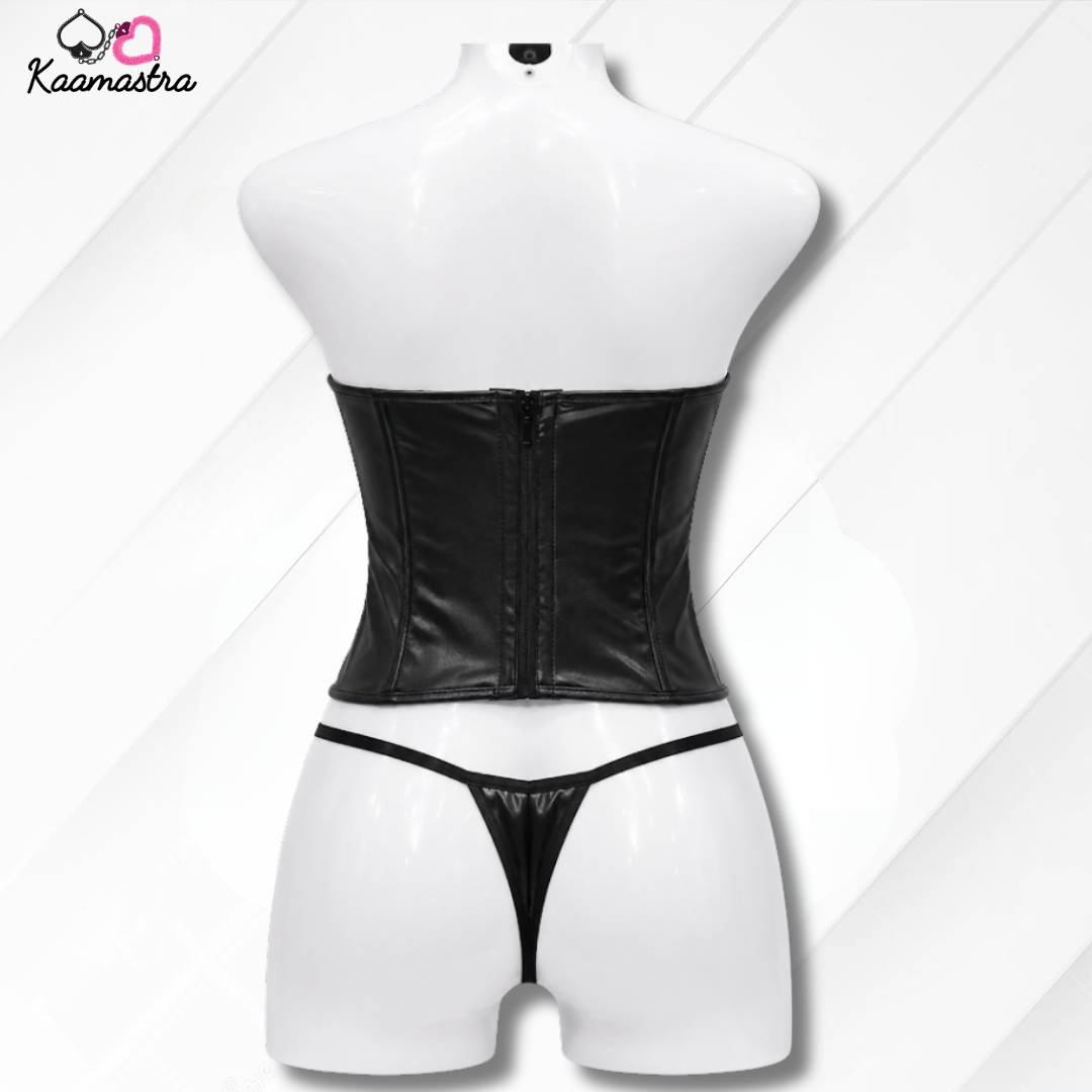 Kaamastra's Black PVC Lace-Up Corset with Matching Thong Set - Size L