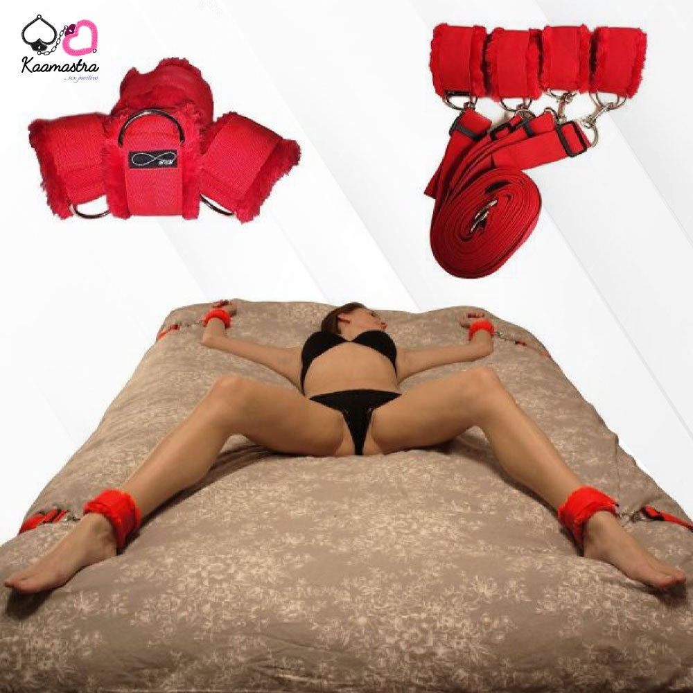 Close-up of Kamasha's soft nylon and plush restraints, adjustable for single or double beds.