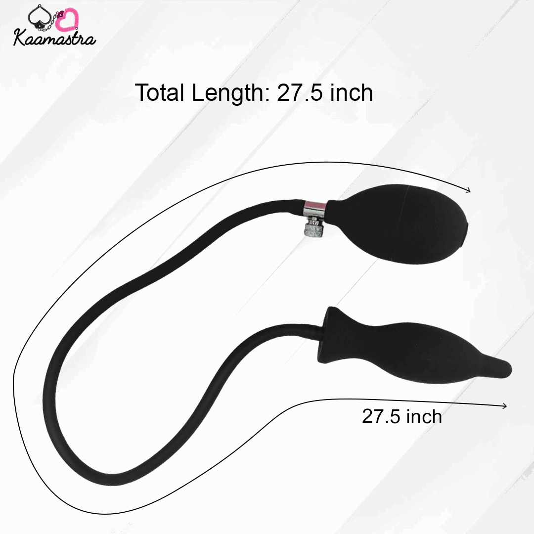 Black leash with two dog toys on a white background, labeled with total length and measurement.