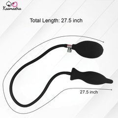 Black leash with two dog toys on a white background, labeled with total length and measurement.