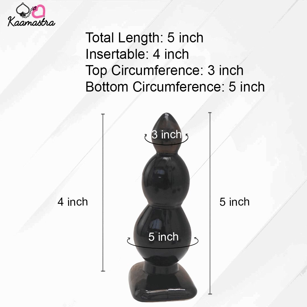 Black silicone butt plug with measurements on a white background