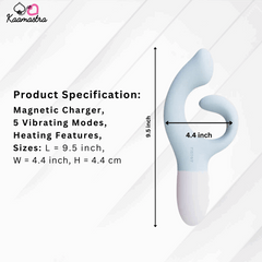 Product specs: 9.5-inch heated vibrator with 5 modes – magnetic charging