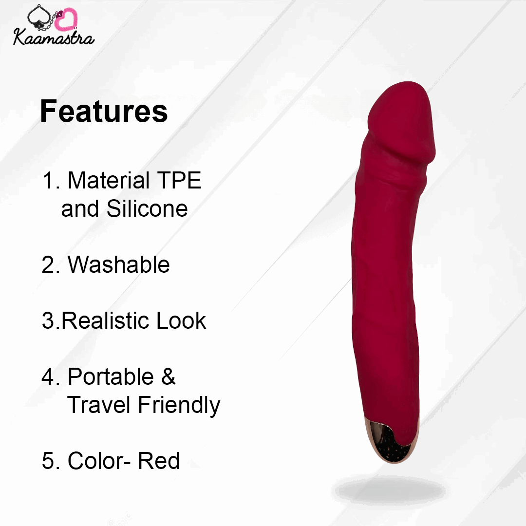 Features of Kaamastra’s realistic dildo vibrator: TPE/Silicone material, washable, portable, and red color option