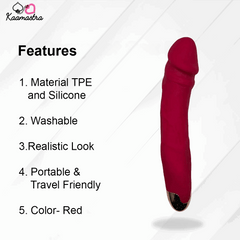 Features of Kaamastra’s realistic dildo vibrator: TPE/Silicone material, washable, portable, and red color option