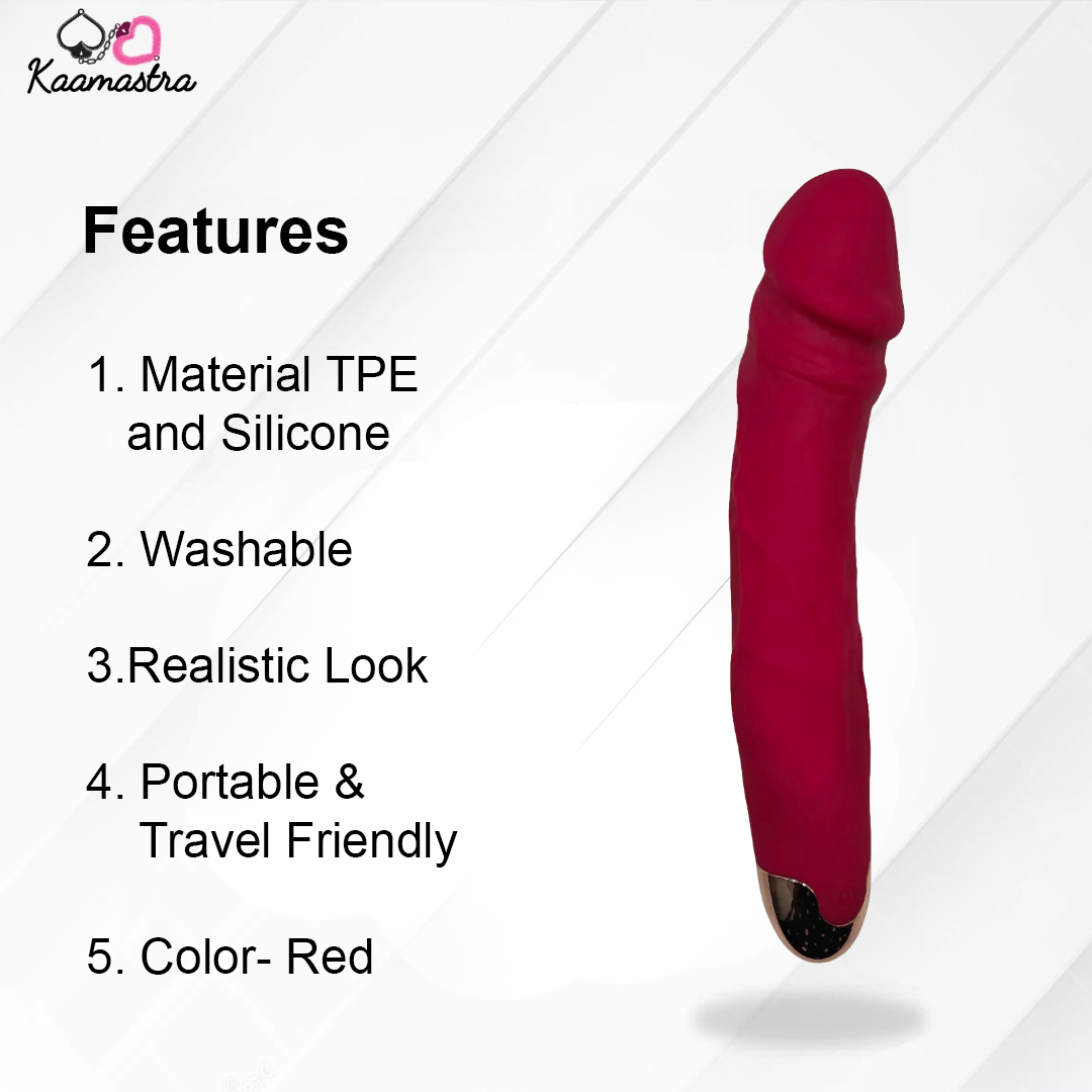 Features of Kaamastra’s realistic dildo vibrator: TPE/Silicone material, washable, portable, and red color option