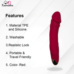 Features of Kaamastra’s realistic dildo vibrator: TPE/Silicone material, washable, portable, and red color option