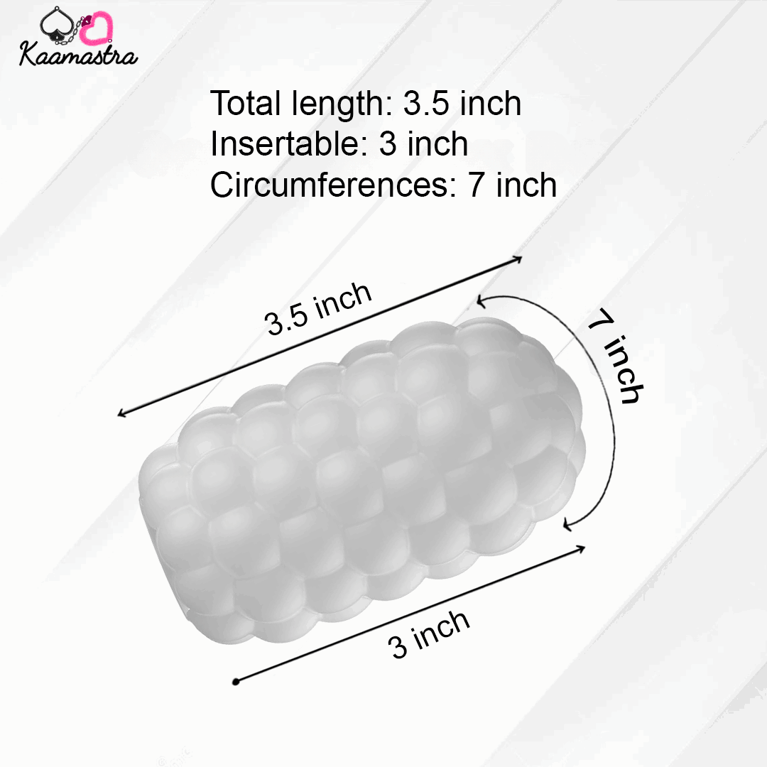 Product dimensions for Calmras Tic Stroker - 3.5in length, 7in circumference