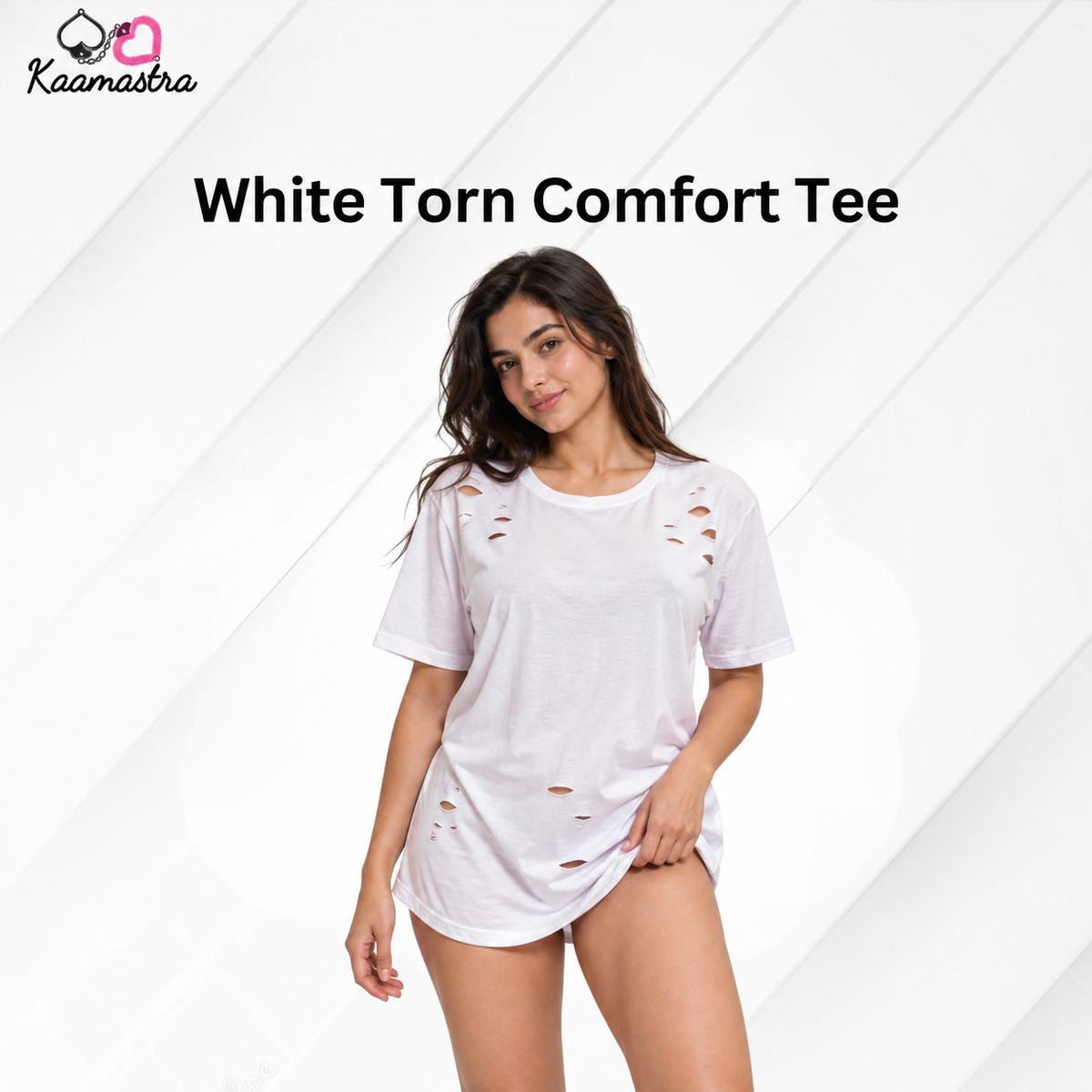 Kaamastra's White Torn Comfort Tee - XL | Distressed Design