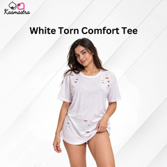 Kaamastra's White Torn Comfort Tee - XL | Distressed Design