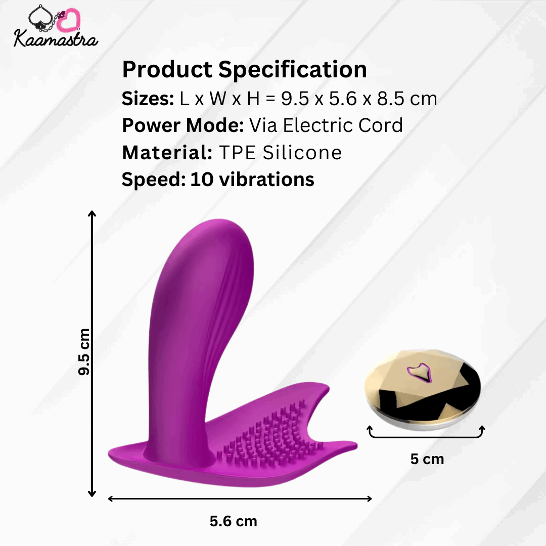 Product specifications for Fox Show Panty Vibrator - TPE silicone, 10 vibration speeds, electric cord powered.