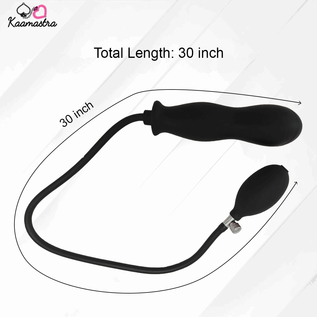 Black rubber leash with measurement details on a white background, branded 'Kaamastra'.