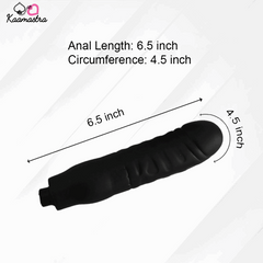 Black anal plug with measurements on a white background, branded 'Kaamastra'.