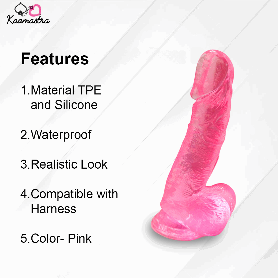 Pink silicone product with features listed on a white background