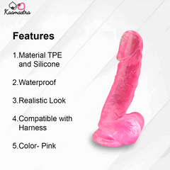 Pink silicone product with features listed on a white background