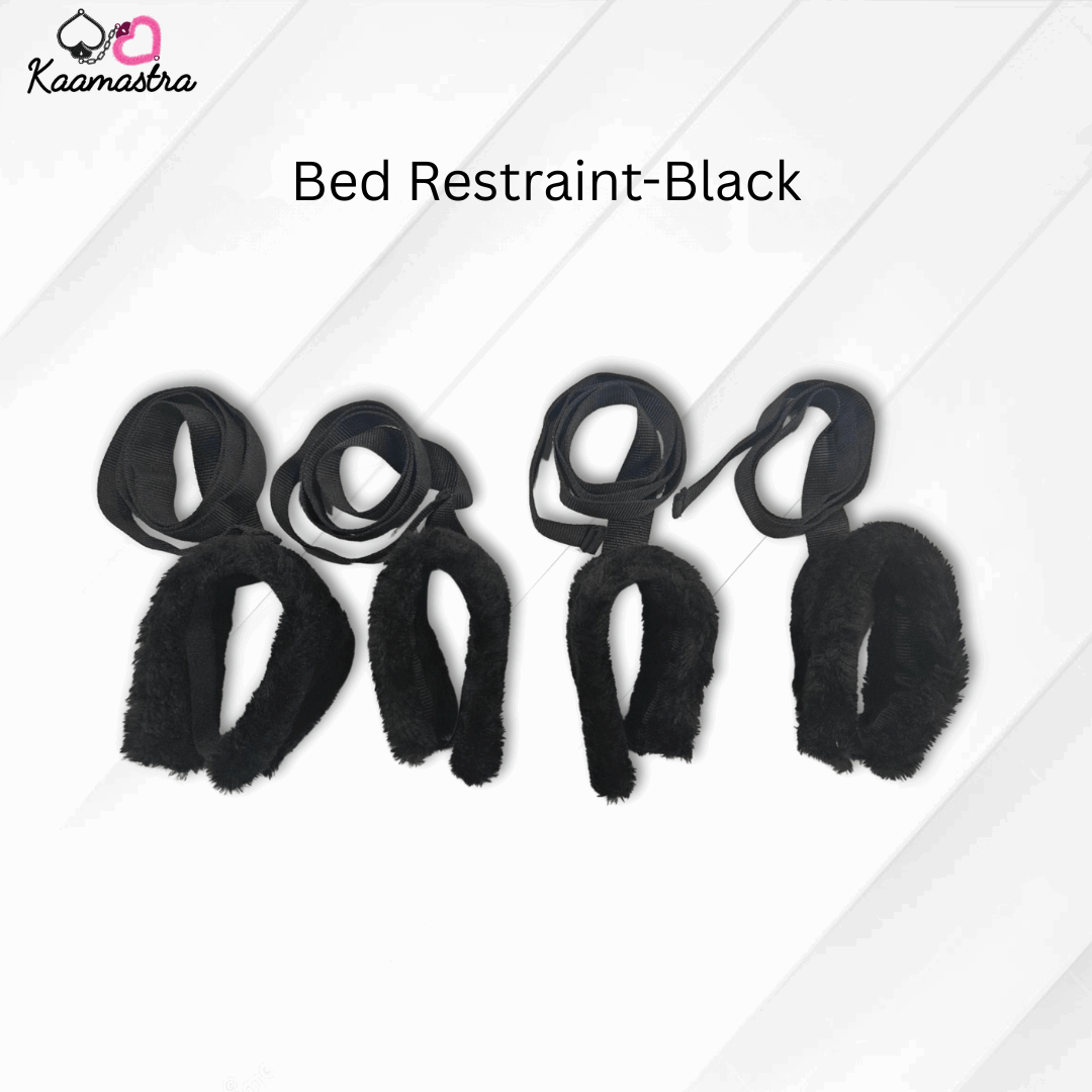 Black bed restraint set on a white background with 'Kaamastra' branding.