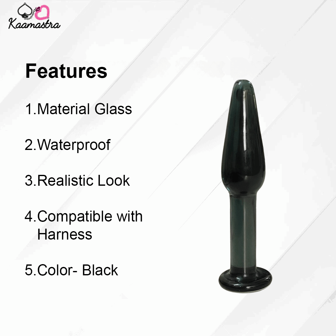 Black glass product with features listed on a white background
