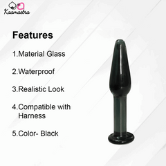 Black glass product with features listed on a white background