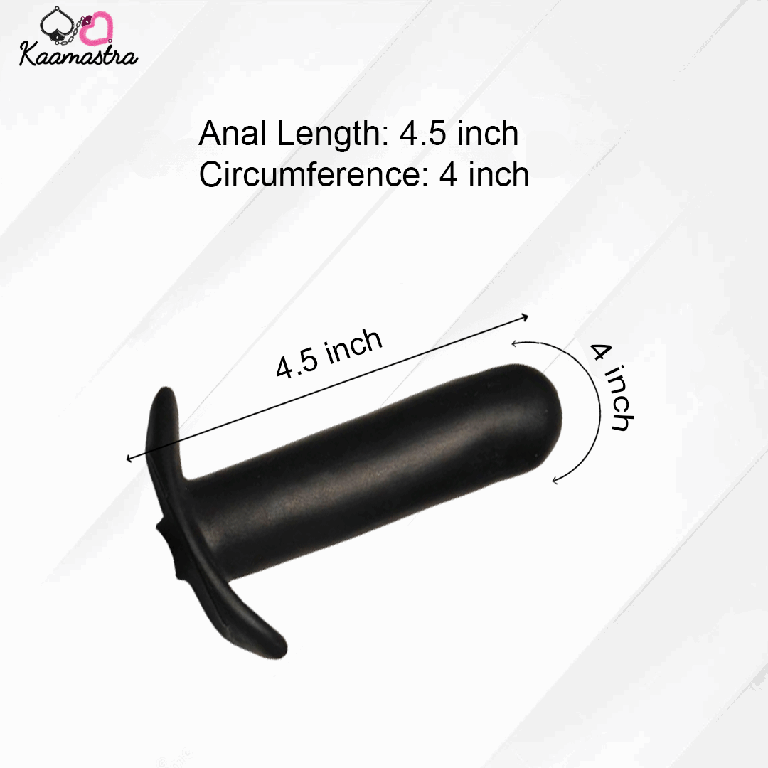 Black anal plug with measurements on a white background